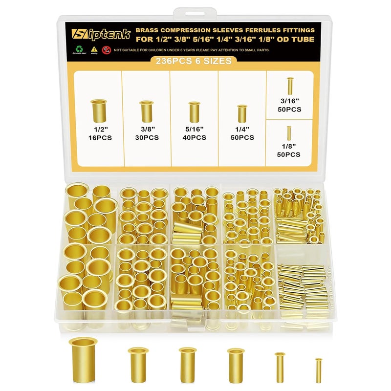 Siptenk 236 قطعة من إدخالات أنابيب الضغط النحاسية لقطر 1/2" 3/8" 5/16" 1/4" 3/16" 1/8"، مجموعة متنوعة من تركيبات الفيرول النحاسية، - Image 1
